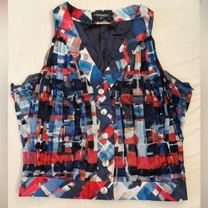 Authentic Chanel Red blue vest shirt top Blouse
